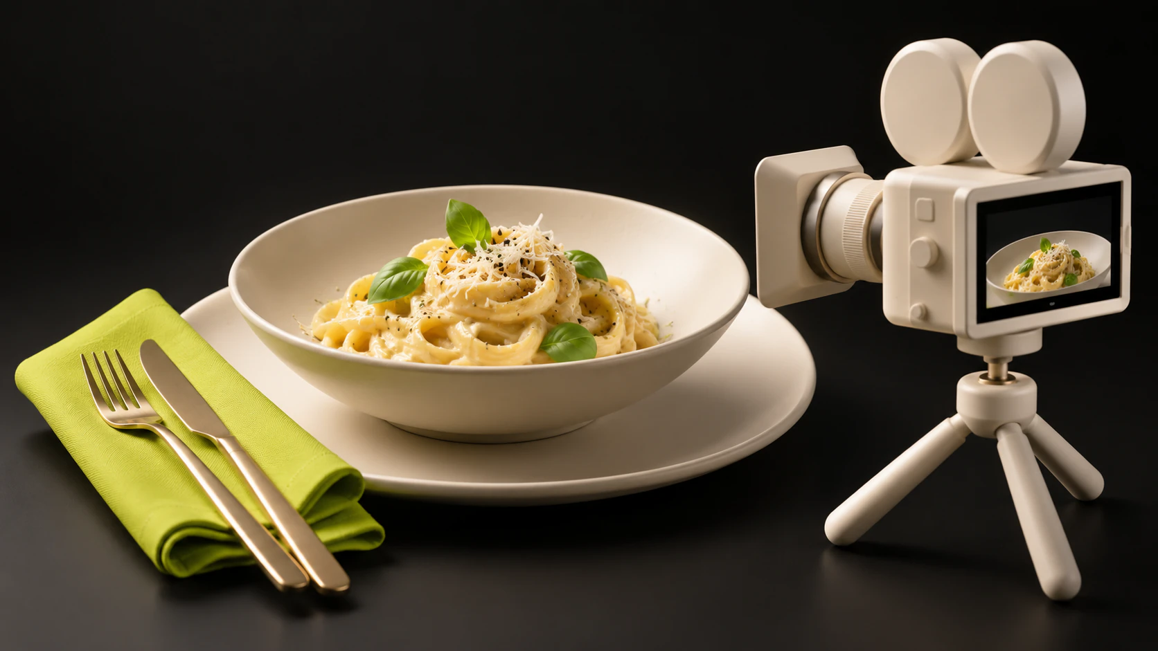 Illustrazione di un piatto di pasta e una videocamera