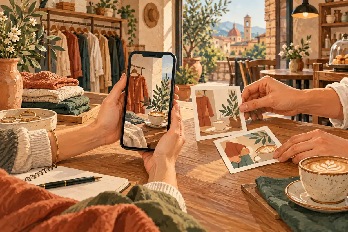 Due attività locali preparano insieme un video verticale su uno smartphone con schede visive su un tavolo