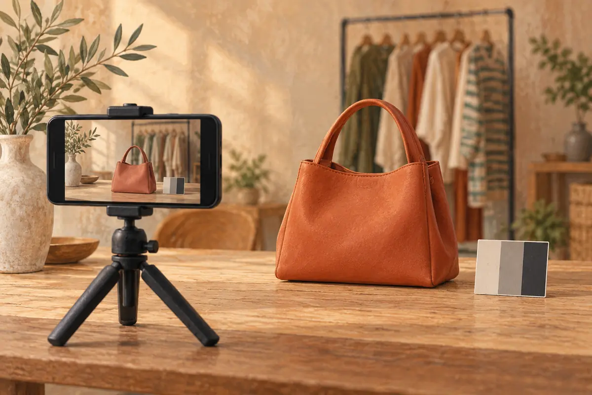 Illustrazione di uno smartphone su treppiede che mette a fuoco una borsa color terracotta con una carta di riferimento accanto.