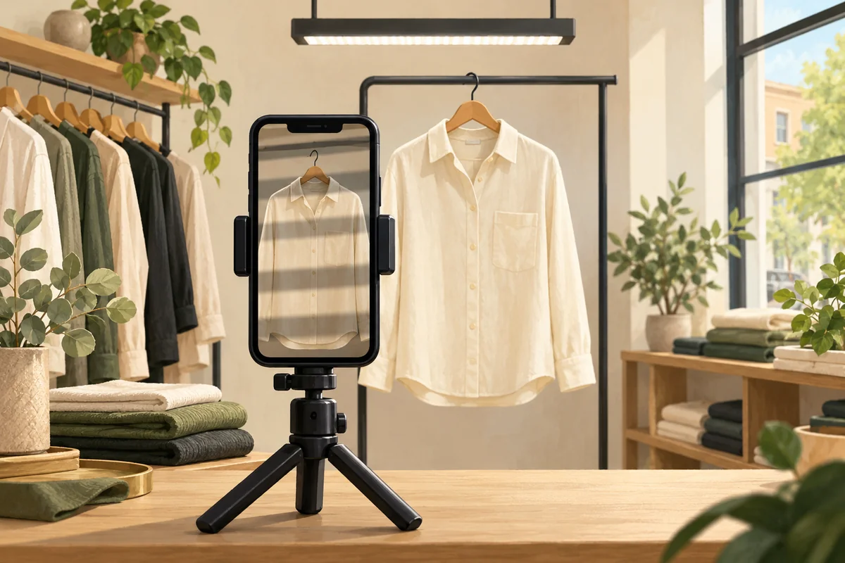 Illustrazione di uno smartphone su treppiede che inquadra una camicia, con bande scure sullo schermo e una lampada sopra il set.