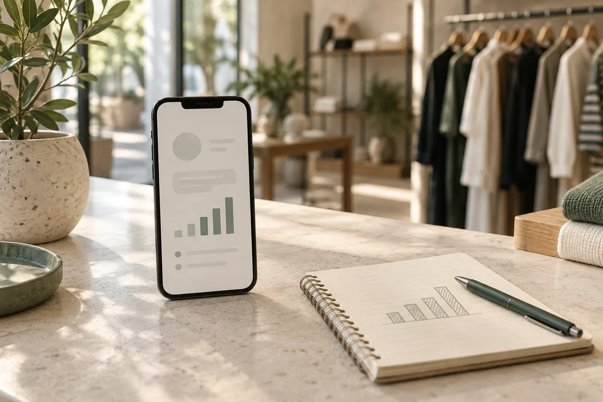 Immagine illustrativa: smartphone e taccuino con grafici sul bancone di un negozio di abbigliamento