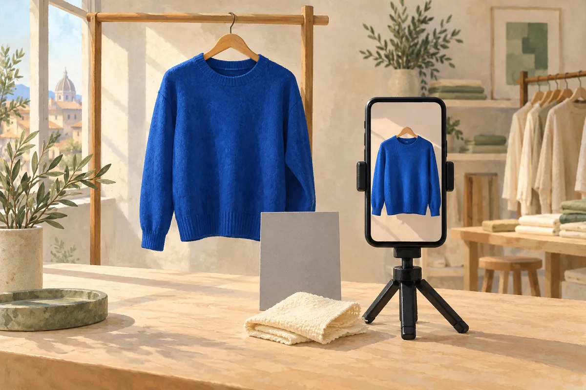 Illustrazione di un maglione blu ripreso da uno smartphone, con riferimento grigio e tessuto chiaro su un tavolo.