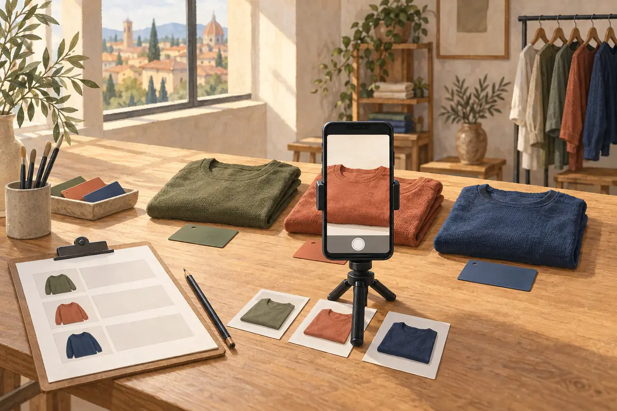 Illustrazione di tre maglie colorate, schede abbinate e uno smartphone su treppiede durante una ripresa di prodotti organizzata.
