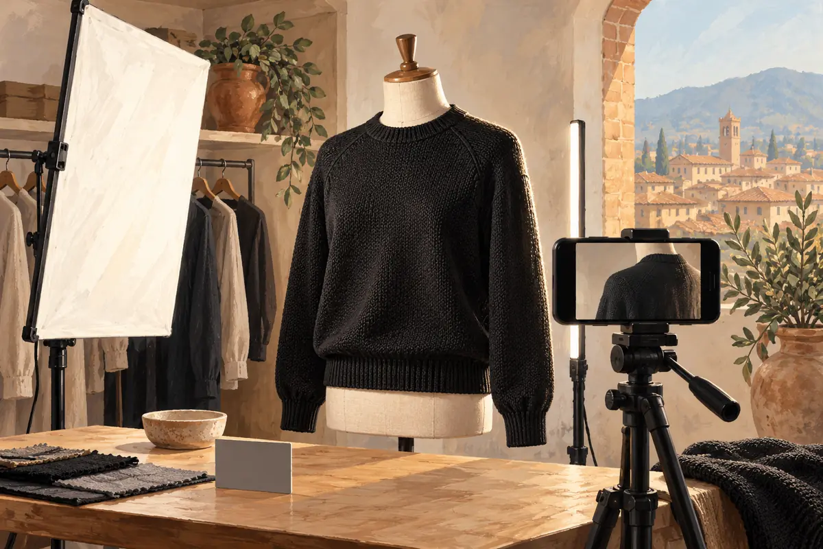 Illustrazione di un maglione nero su manichino ripreso con smartphone, pannello diffusore e luce laterale che evidenzia la trama.