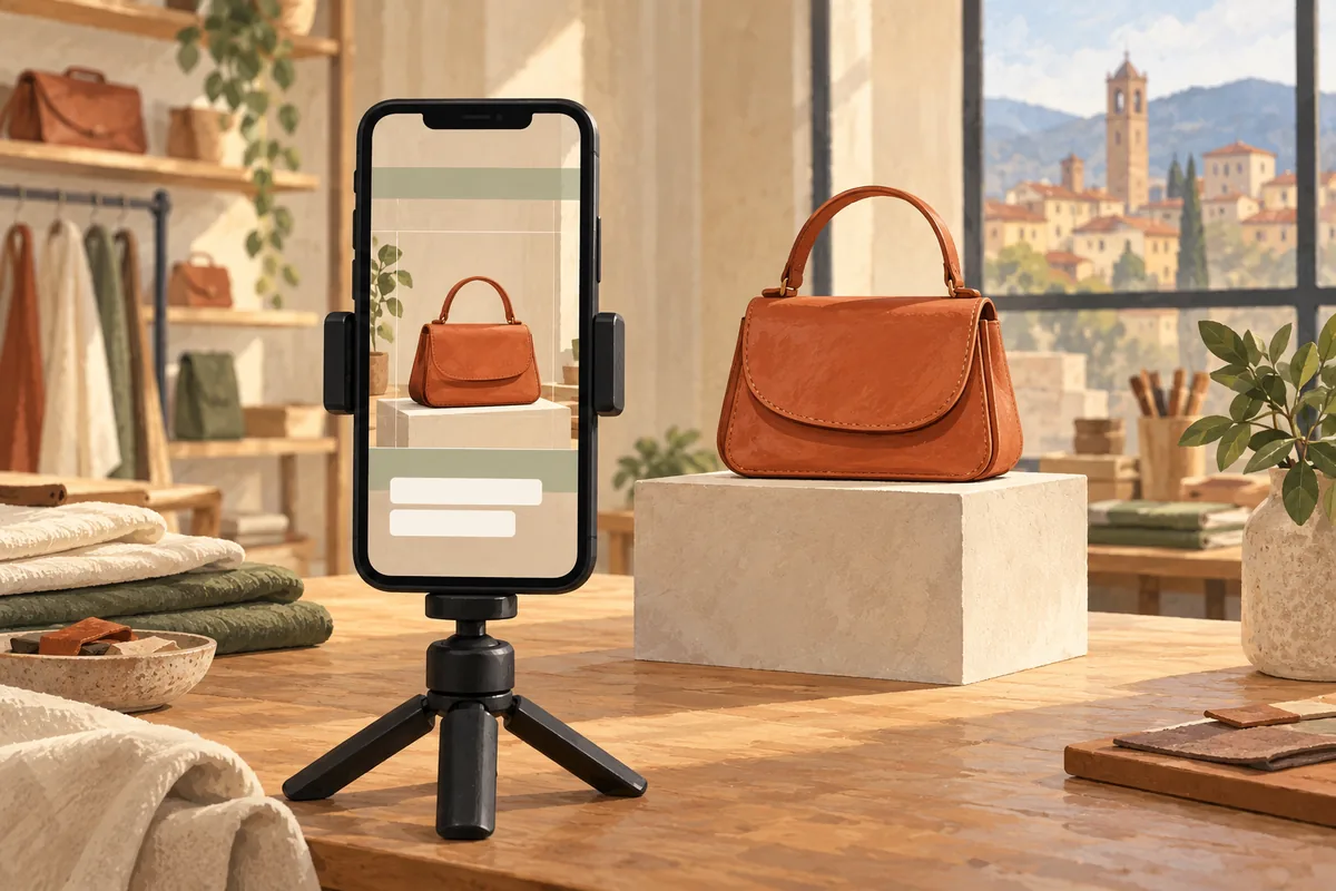 Illustrazione di uno smartphone verticale con un prodotto al centro, sottotitoli e margini visivi lasciati liberi intorno.