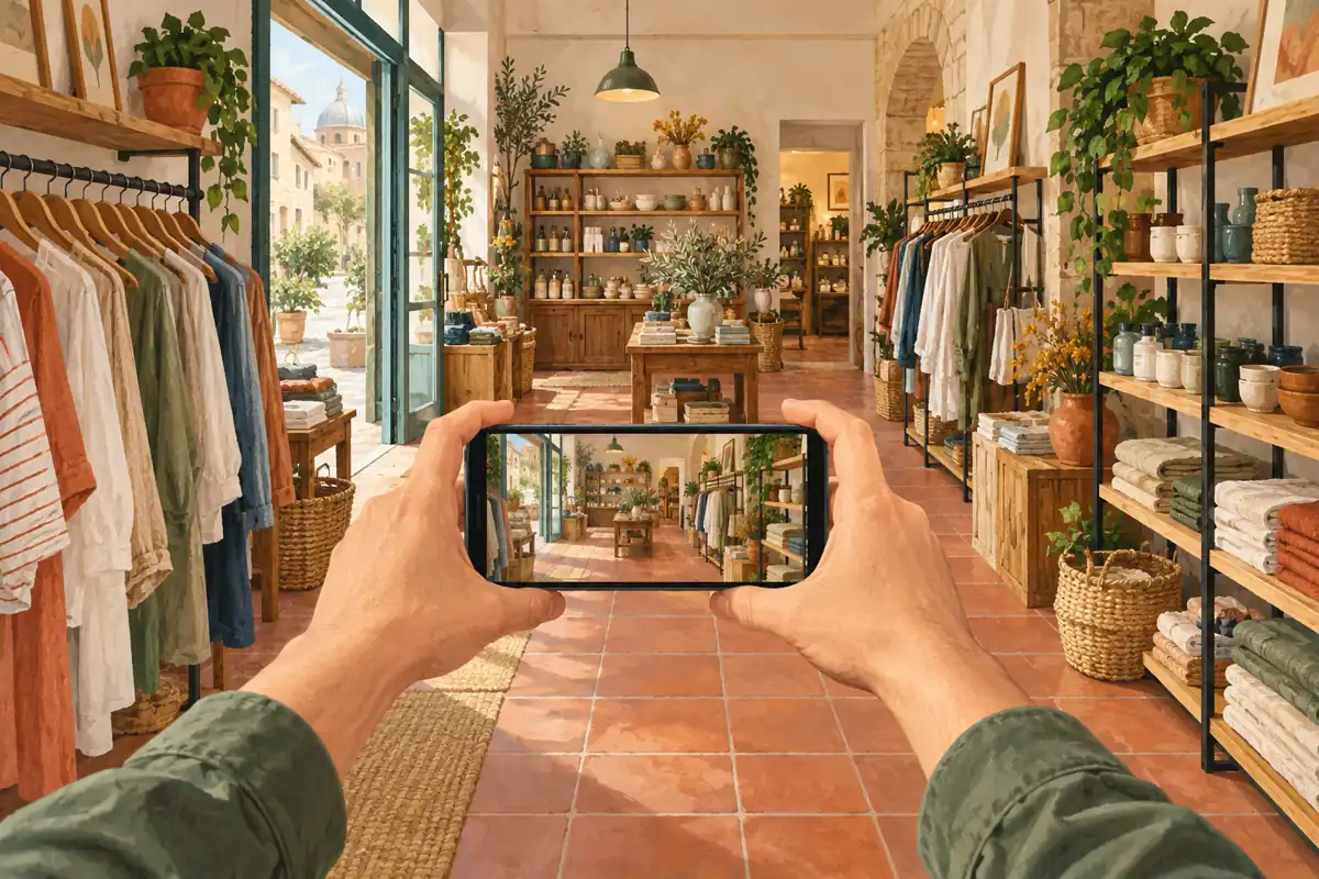 Due mani tengono uno smartphone durante una ripresa stabile lungo il corridoio di un negozio toscano